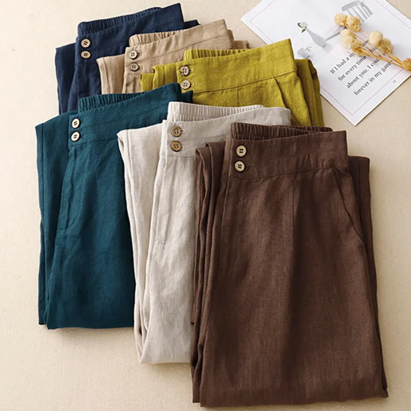 Buddha Stones Summer Casual Simple Design Linen Women's Wide Leg Pants With Zipper Pockets