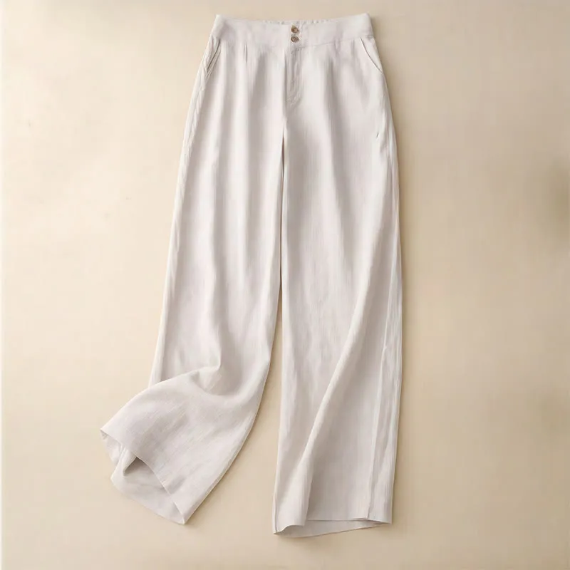 Buddha Stones Summer Casual Simple Design Linen Women's Wide Leg Pants With Zipper Pockets