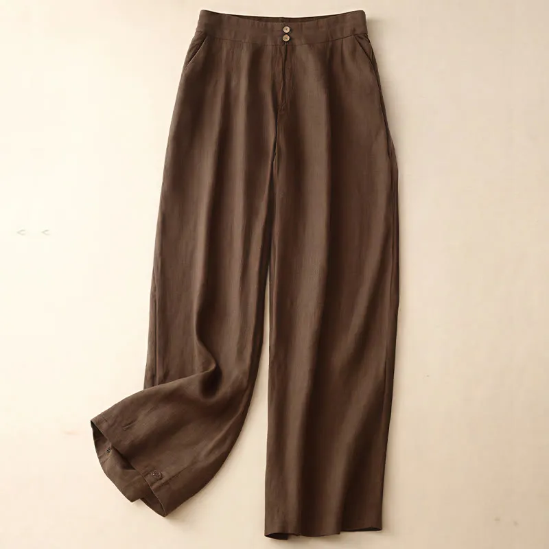 Buddha Stones Summer Casual Simple Design Linen Women's Wide Leg Pants With Zipper Pockets