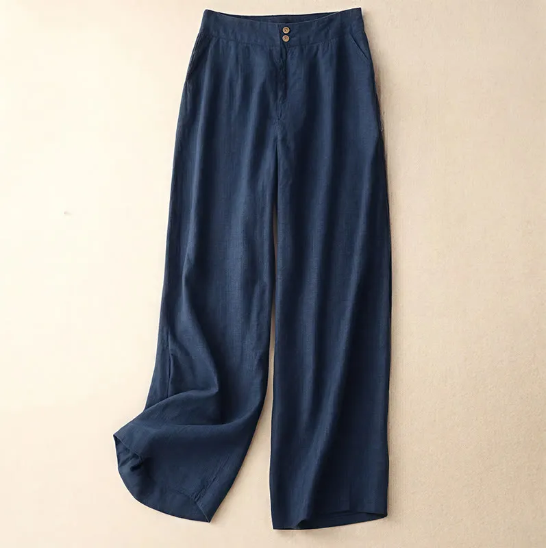 Buddha Stones Summer Casual Simple Design Linen Women's Wide Leg Pants With Zipper Pockets