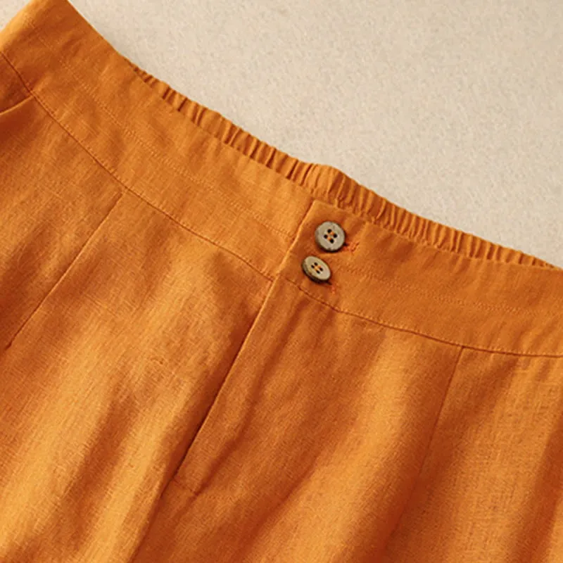 Buddha Stones Summer Casual Simple Design Linen Women's Wide Leg Pants With Zipper Pockets