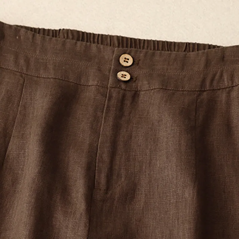 Buddha Stones Summer Casual Simple Design Linen Women's Wide Leg Pants With Zipper Pockets