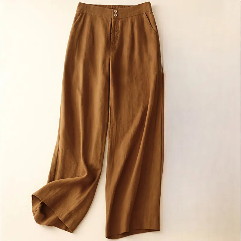 Buddha Stones Summer Casual Simple Design Linen Women's Wide Leg Pants With Zipper Pockets