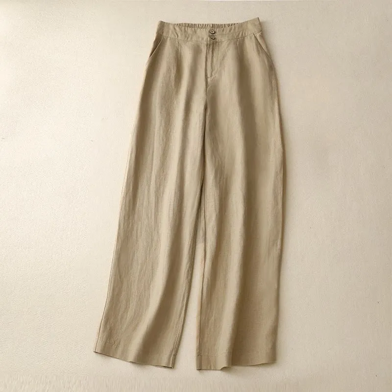 Buddha Stones Summer Casual Simple Design Linen Women's Wide Leg Pants With Zipper Pockets