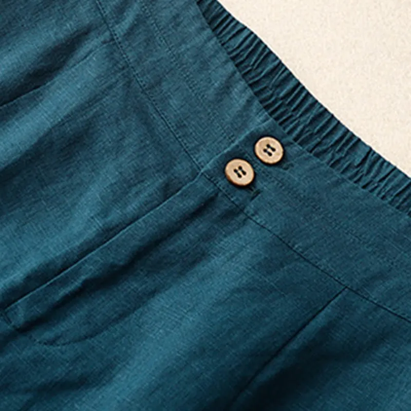Buddha Stones Summer Casual Simple Design Linen Women's Wide Leg Pants With Zipper Pockets