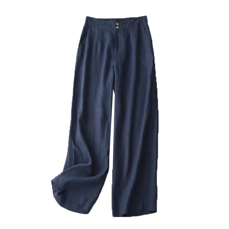 Buddha Stones Summer Casual Simple Design Linen Women's Wide Leg Pants With Zipper Pockets