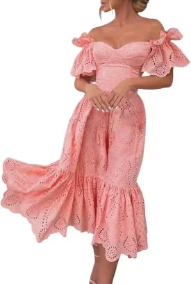 Casual Boho Summer Dresses for Women Elegant Floral Hollow Ruffle Off Shoulder Maxi Dress Swing Beach Cocktail Party Dress