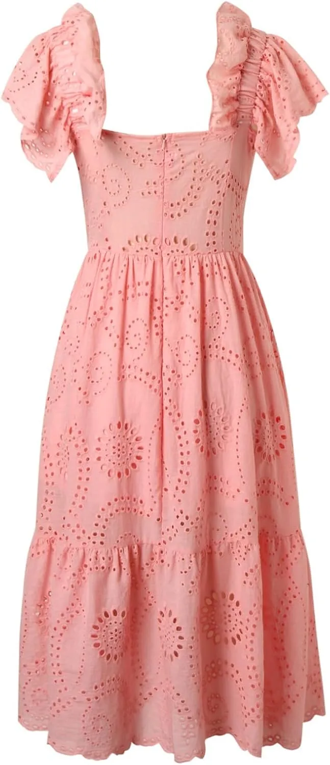 Casual Boho Summer Dresses for Women Elegant Floral Hollow Ruffle Off Shoulder Maxi Dress Swing Beach Cocktail Party Dress