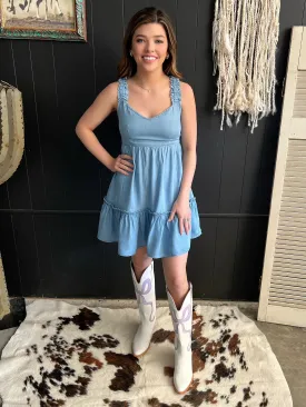 Chambray Denim Ruffle Mini Dress
