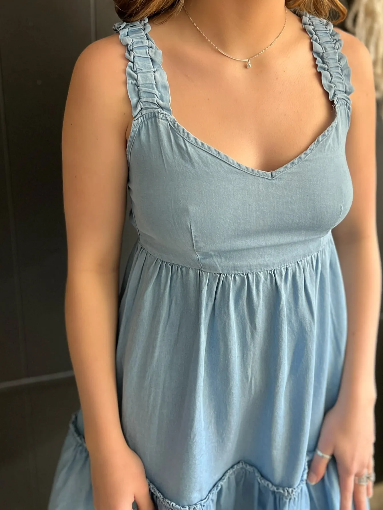 Chambray Denim Ruffle Mini Dress