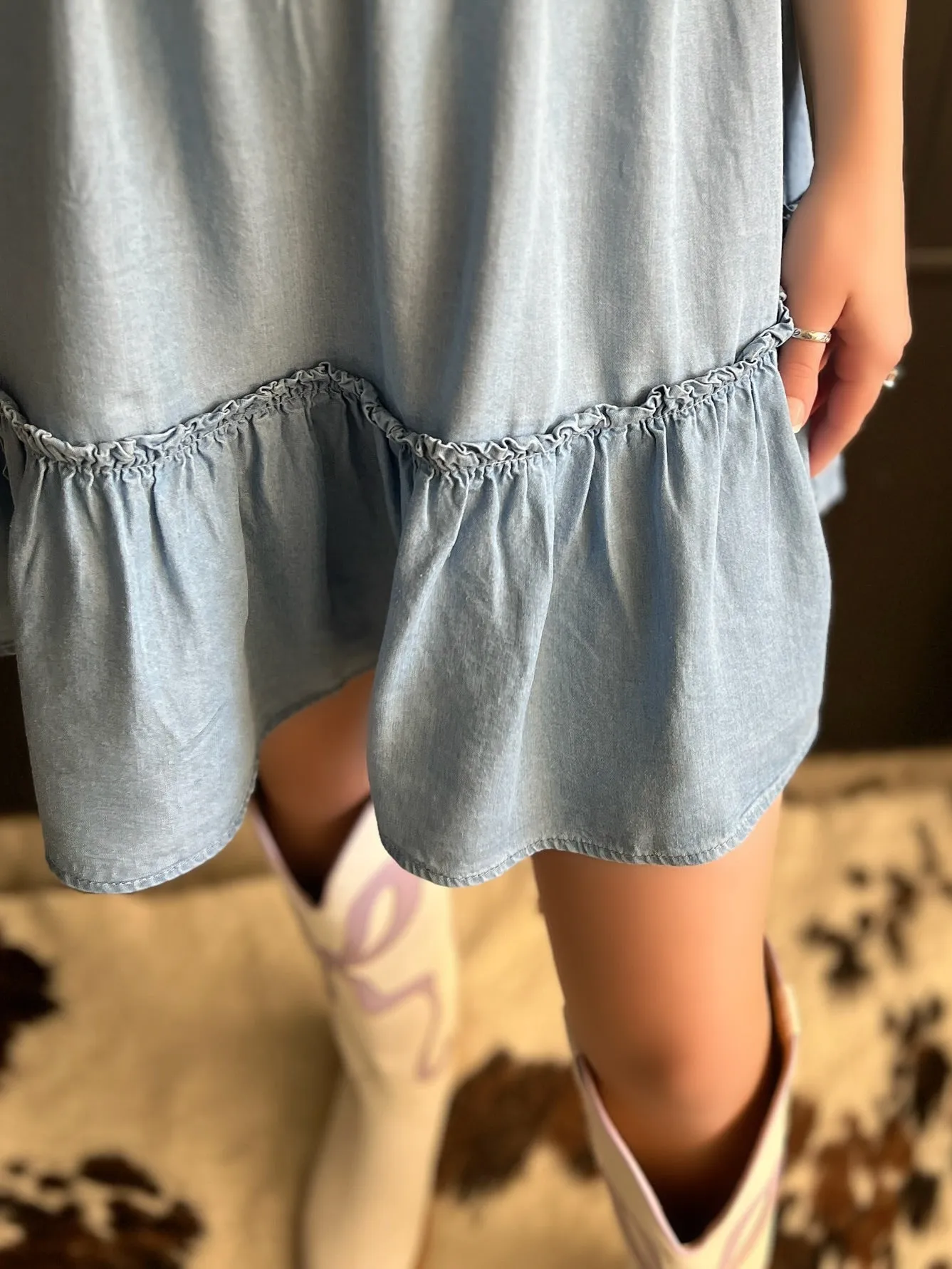 Chambray Denim Ruffle Mini Dress