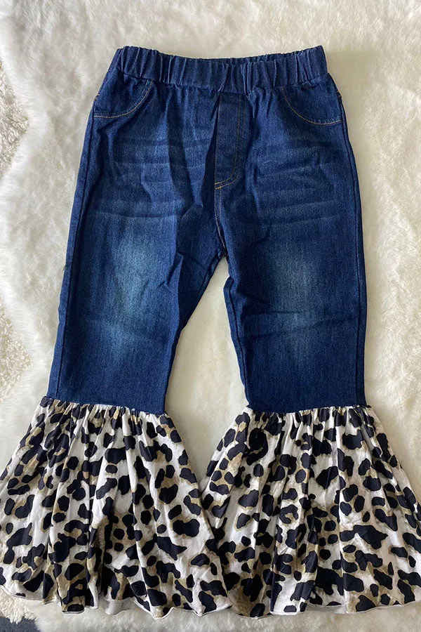 Dark blue denim w/leopard flare bell bottoms 206037M