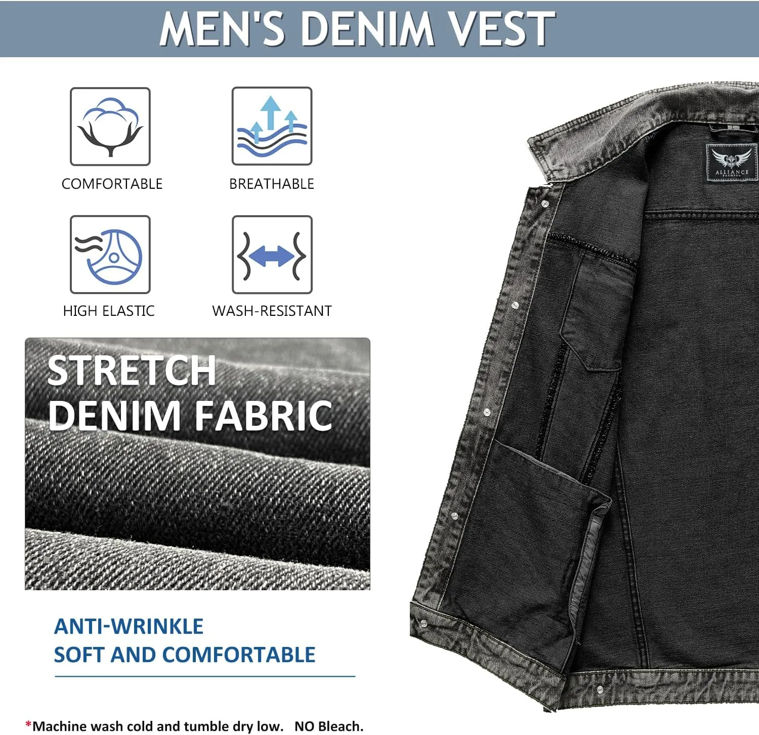 Denim Vest Jacket for Men Fashion Stretchy Trucker Sleeveless Jean Outerwear