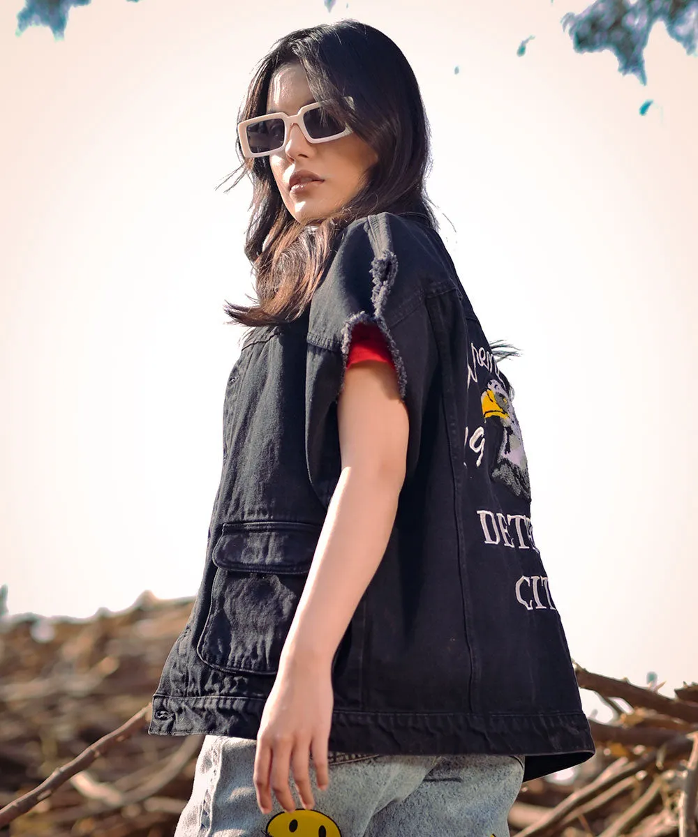 Detroit City Eagle Black Denim Vest Women | El Denim Vol. 1: Highway | Weave Wardrobe
