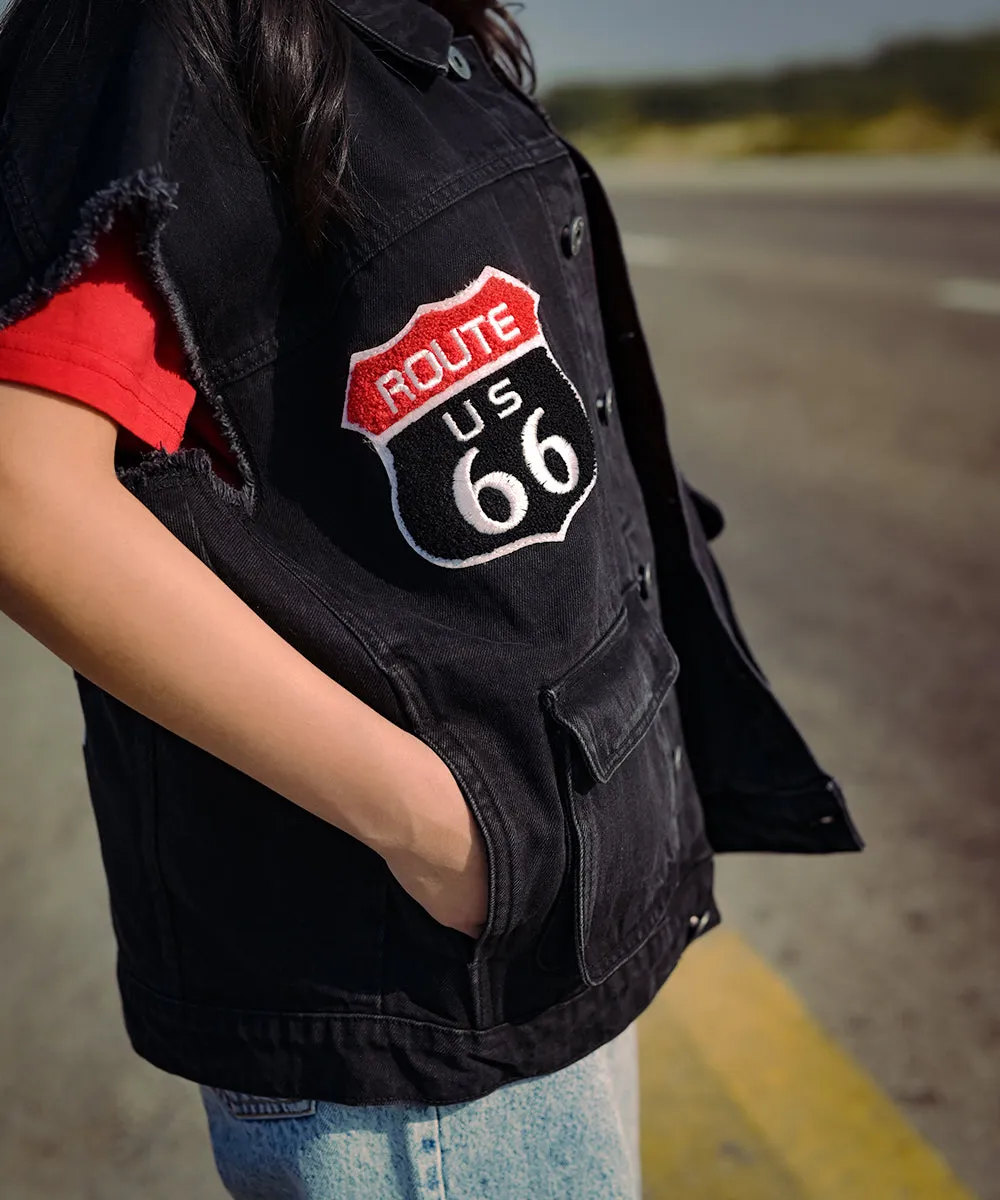 Detroit City Eagle Black Denim Vest Women | El Denim Vol. 1: Highway | Weave Wardrobe