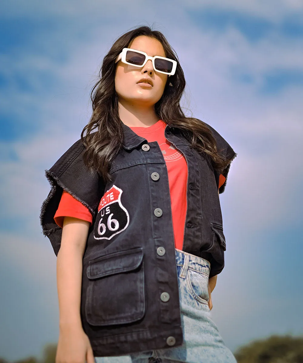 Detroit City Eagle Black Denim Vest Women | El Denim Vol. 1: Highway | Weave Wardrobe