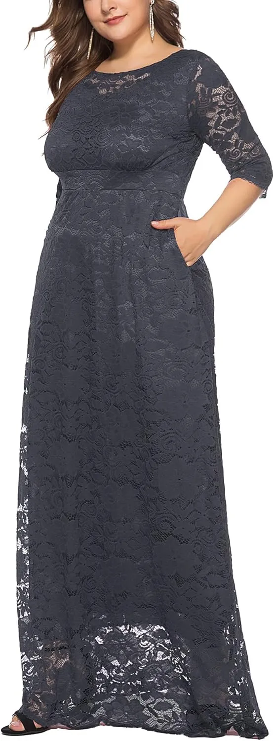 Eternatastic Women's Floral Lace 2/3 Sleeves Maxi Dress Plus Size Evening Party Dresses