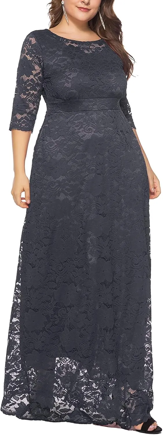 Eternatastic Women's Floral Lace 2/3 Sleeves Maxi Dress Plus Size Evening Party Dresses