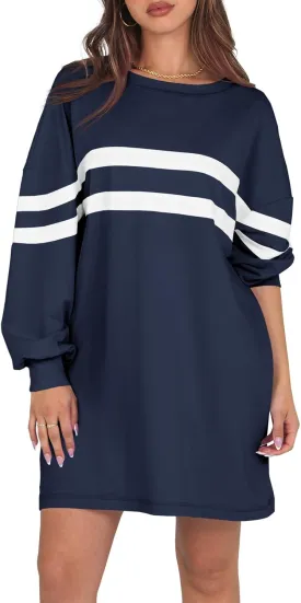 Fisoew Womens Oversized Sweatshirt Long Sleeve Crew Neck Casual Striped Pullover Sweatshirt Dress