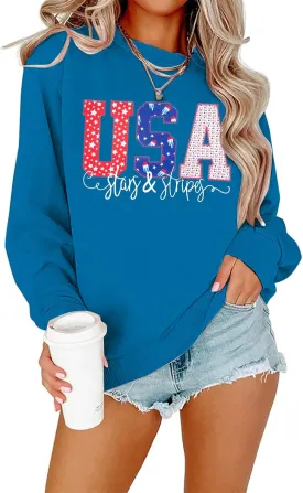 FRYAID USA Sweatshirt Women American Flag Graphic Shirt 4th of July Stars and Stripes Sweater Holiday Casual Long Sleeve Top