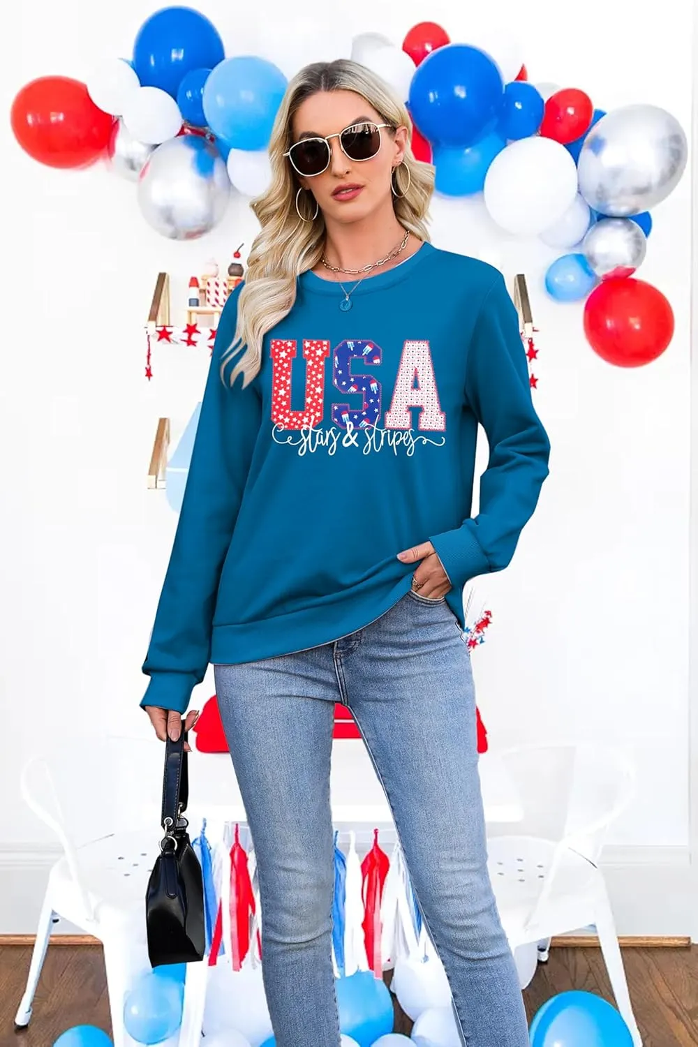 FRYAID USA Sweatshirt Women American Flag Graphic Shirt 4th of July Stars and Stripes Sweater Holiday Casual Long Sleeve Top