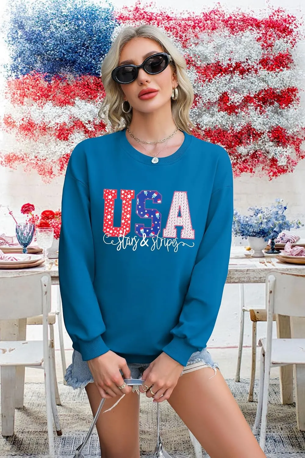 FRYAID USA Sweatshirt Women American Flag Graphic Shirt 4th of July Stars and Stripes Sweater Holiday Casual Long Sleeve Top