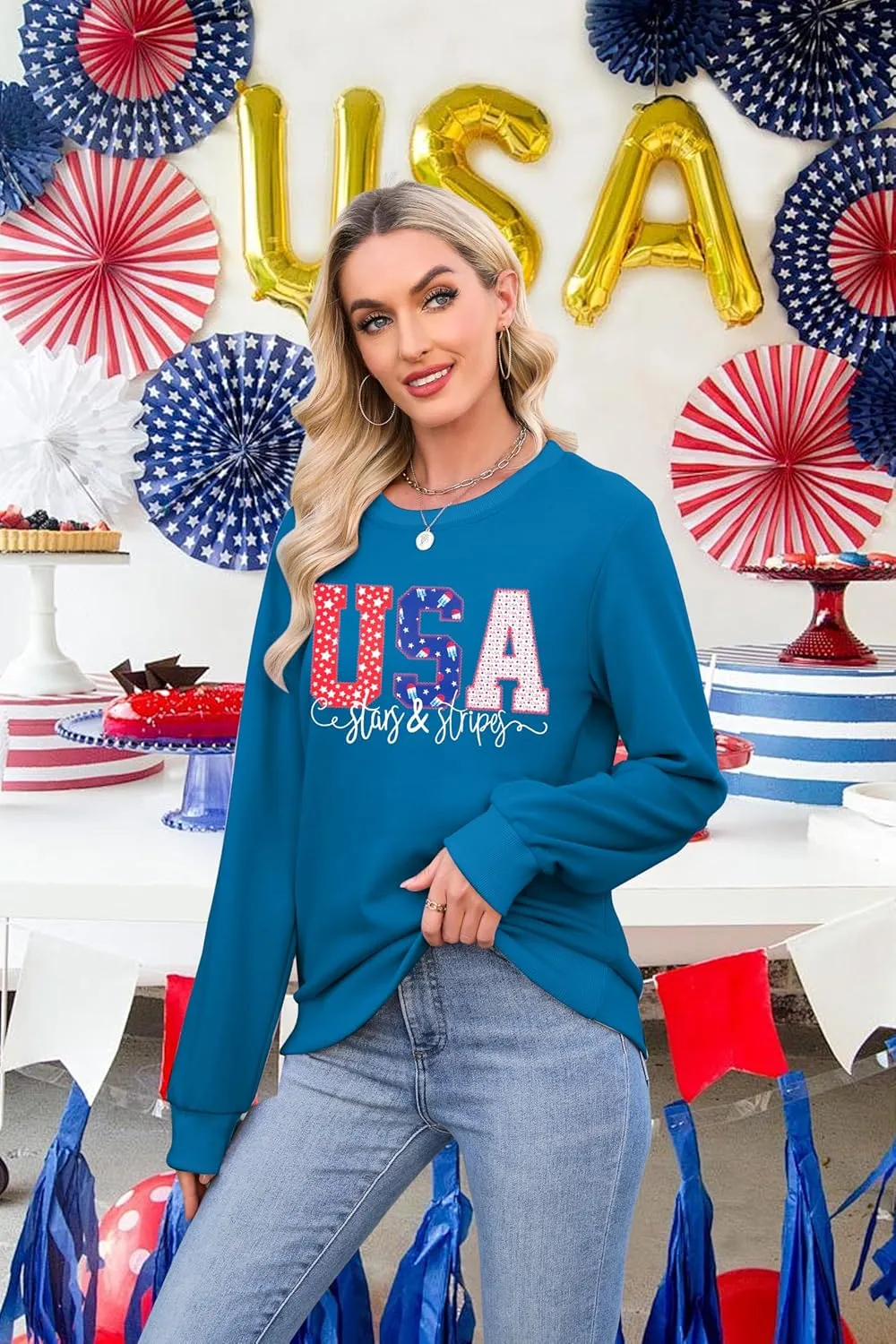 FRYAID USA Sweatshirt Women American Flag Graphic Shirt 4th of July Stars and Stripes Sweater Holiday Casual Long Sleeve Top