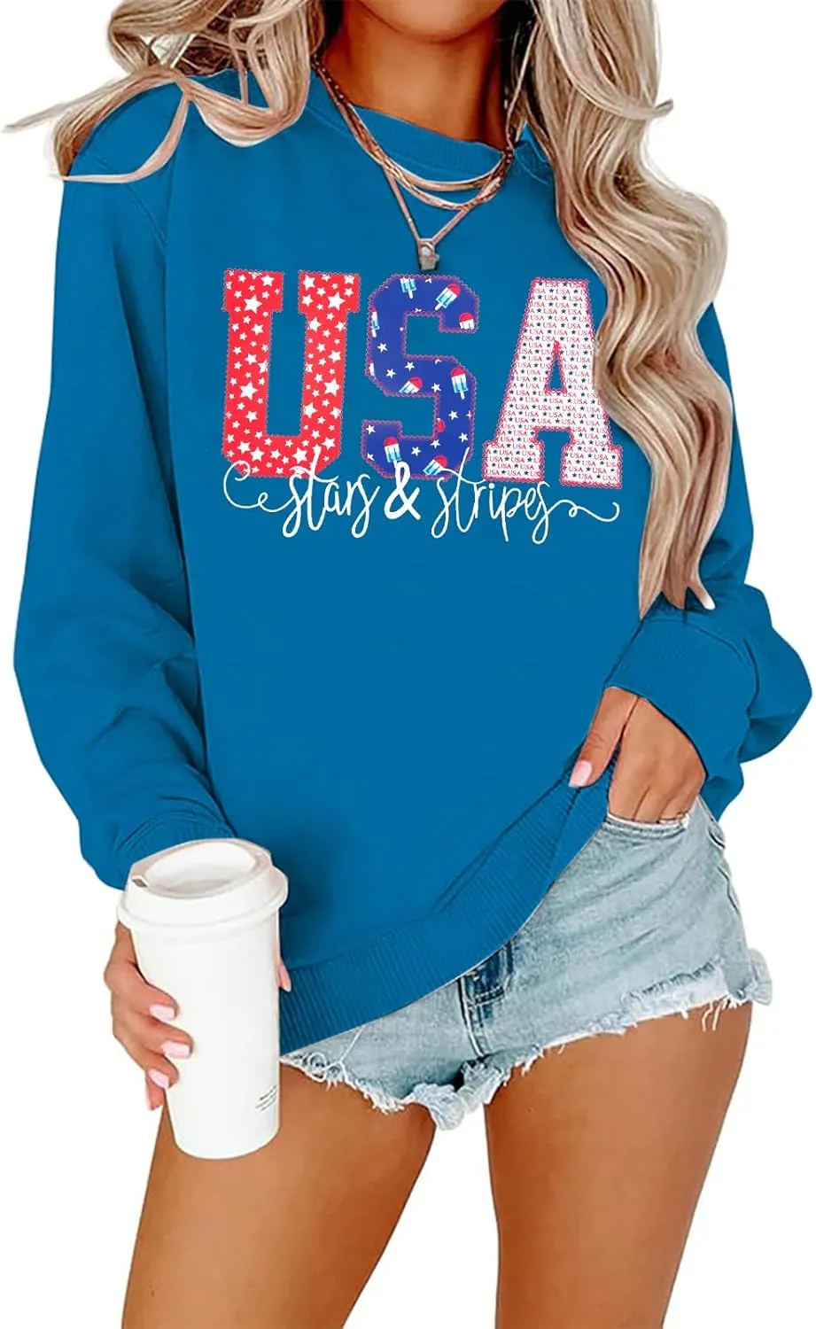 FRYAID USA Sweatshirt Women American Flag Graphic Shirt 4th of July Stars and Stripes Sweater Holiday Casual Long Sleeve Top