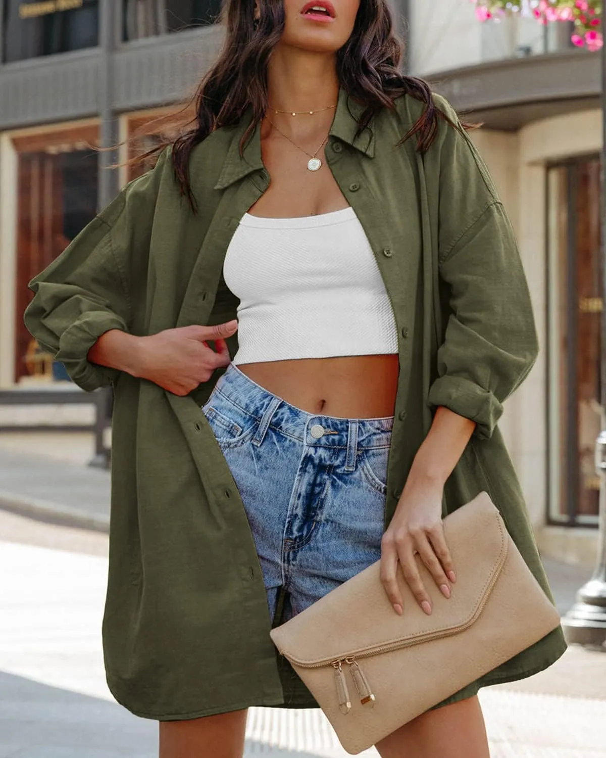 FSHAOES Womens Oversized Button Down Shirts Casual Loose Long Sleeve Solid Lapel Long Blouses Tops with Pockets