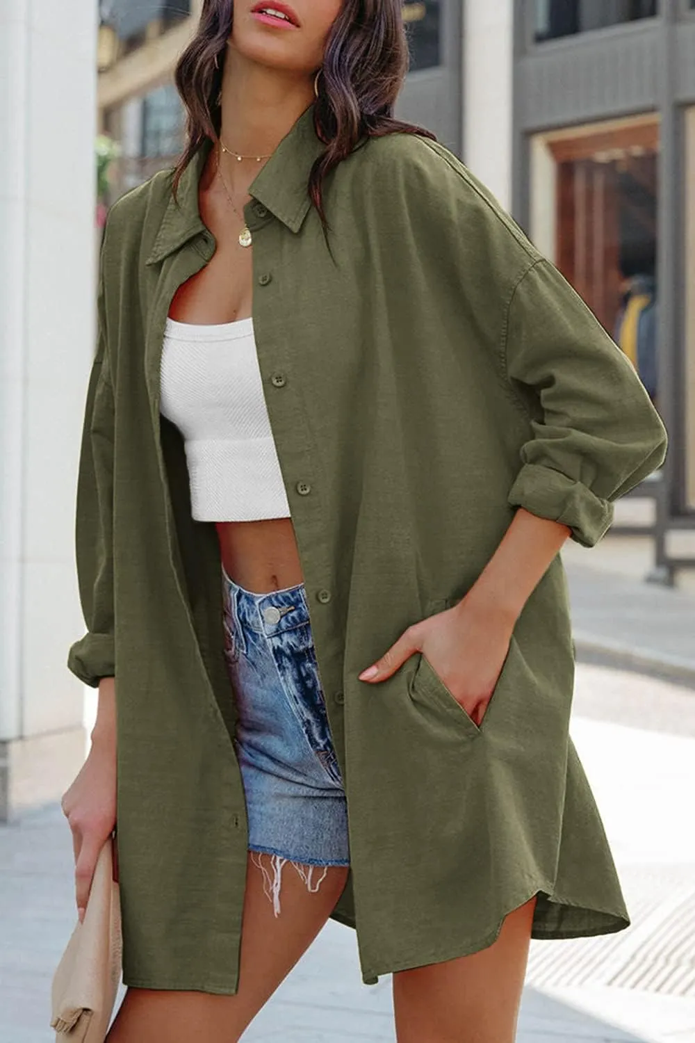 FSHAOES Womens Oversized Button Down Shirts Casual Loose Long Sleeve Solid Lapel Long Blouses Tops with Pockets