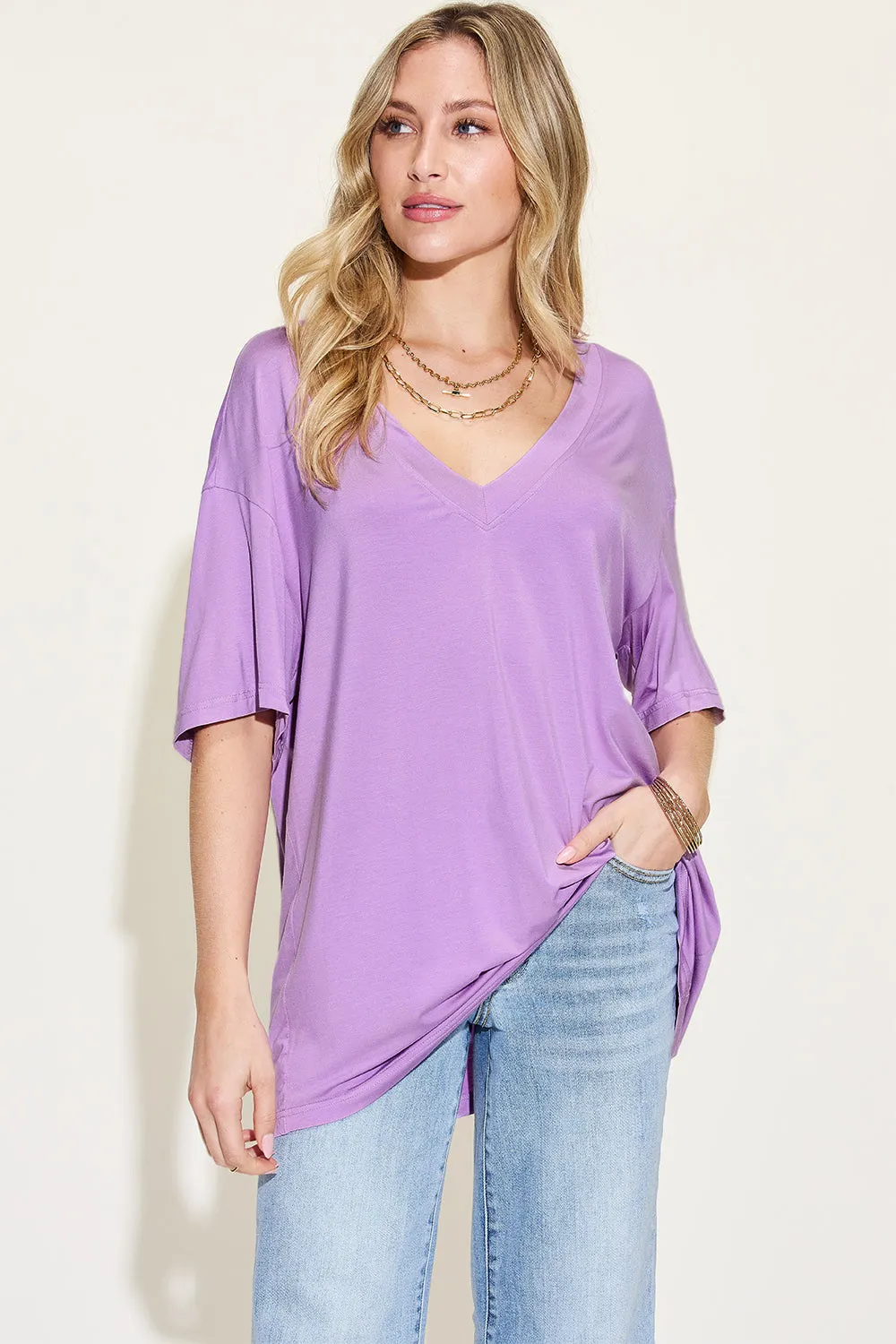 Full Size Bamboo V-Neck Drop Shoulder T-Shirt