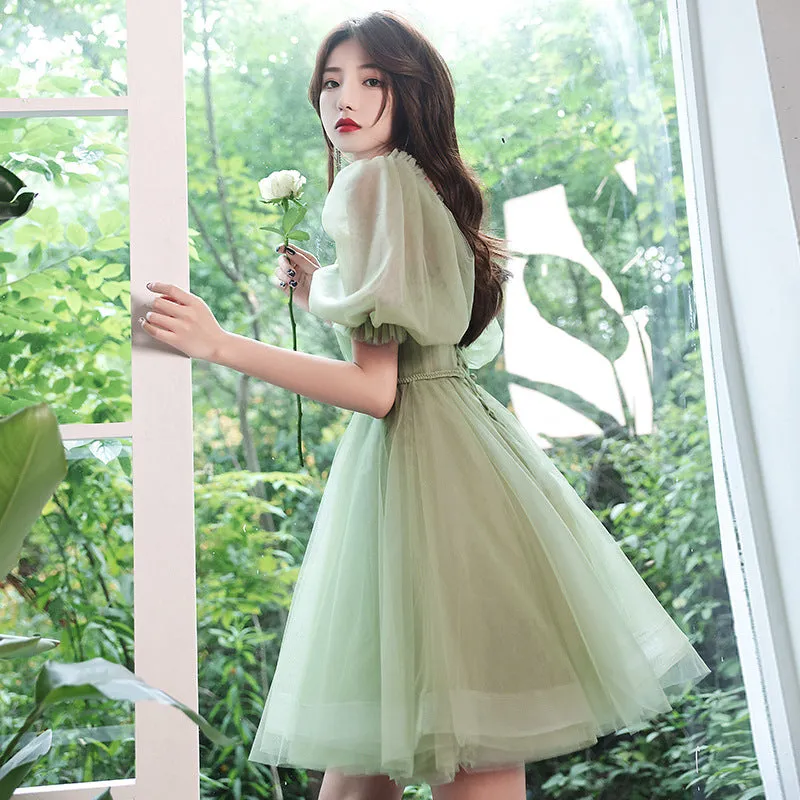 Green Tulle Short Prom Dress Short Sleeves Homecoming Dress 173