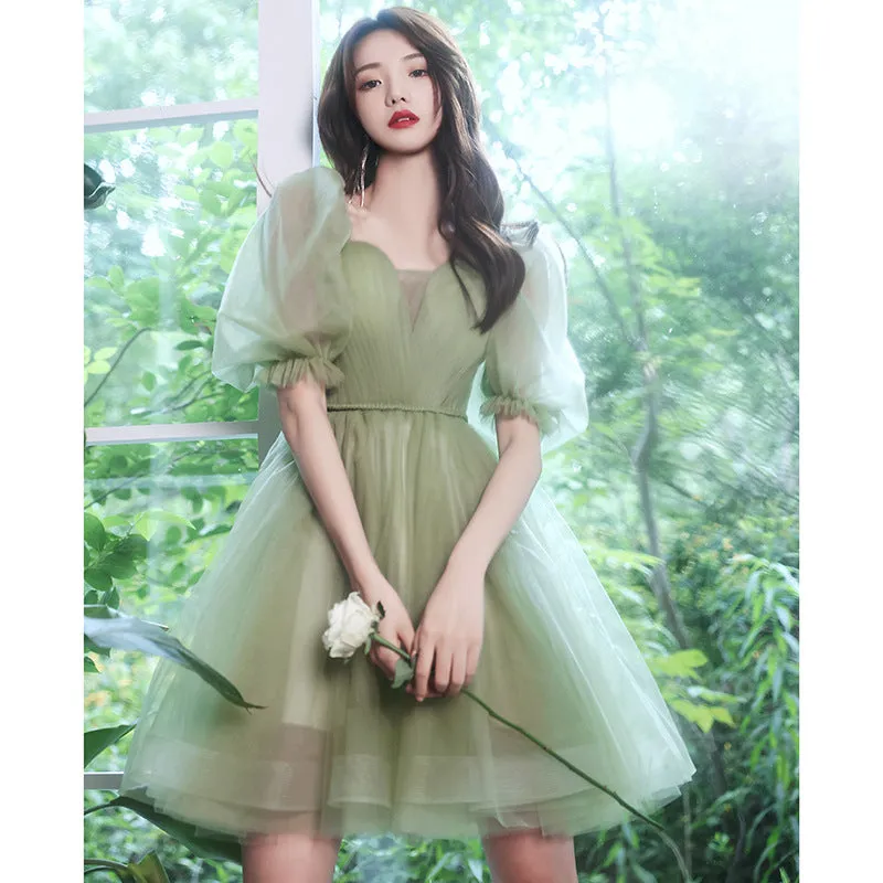Green Tulle Short Prom Dress Short Sleeves Homecoming Dress 173