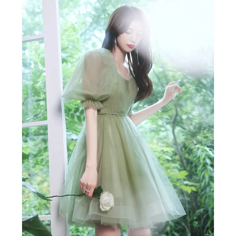 Green Tulle Short Prom Dress Short Sleeves Homecoming Dress 173