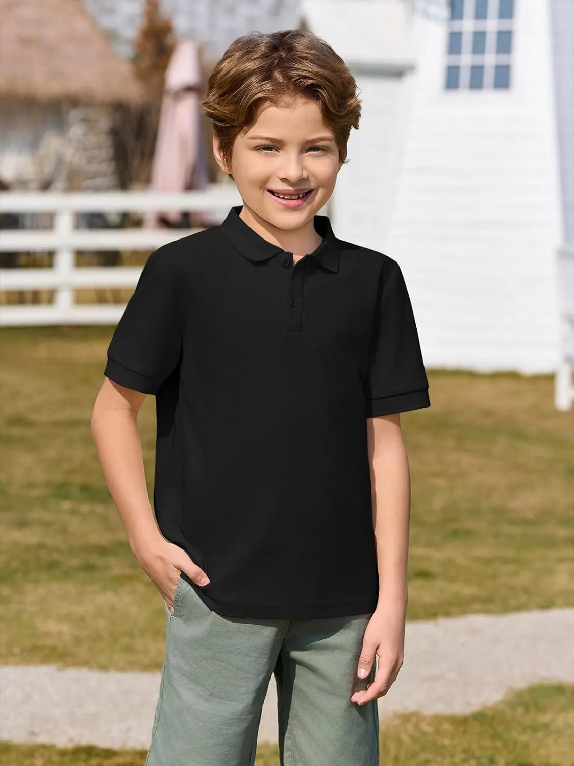 Haloumoning Boys Short Sleeve Pique Polo Shirt School Uniform Shirts for Kids 5-14 Years