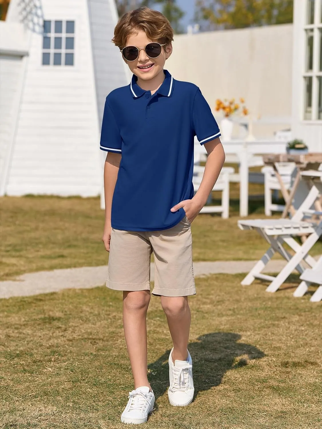 Haloumoning Kids Boys Short Sleeve School Uniform String Pique Polo Shirts 5-14 Years