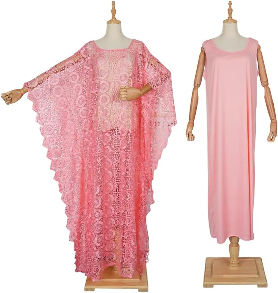 HD Women's Solid Color Lace Kaftan Dress Embroidery Rhinestone Evening Party Gown Plus Size
