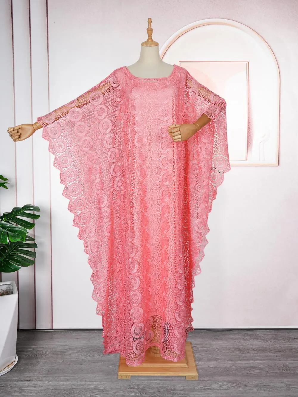 HD Women's Solid Color Lace Kaftan Dress Embroidery Rhinestone Evening Party Gown Plus Size