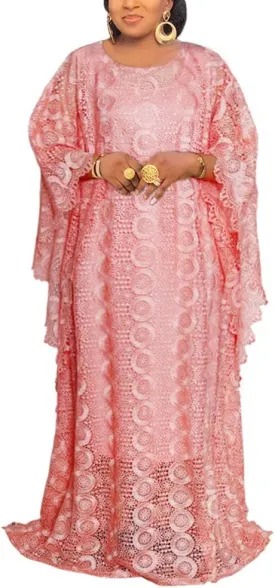 HD Women's Solid Color Lace Kaftan Dress Embroidery Rhinestone Evening Party Gown Plus Size