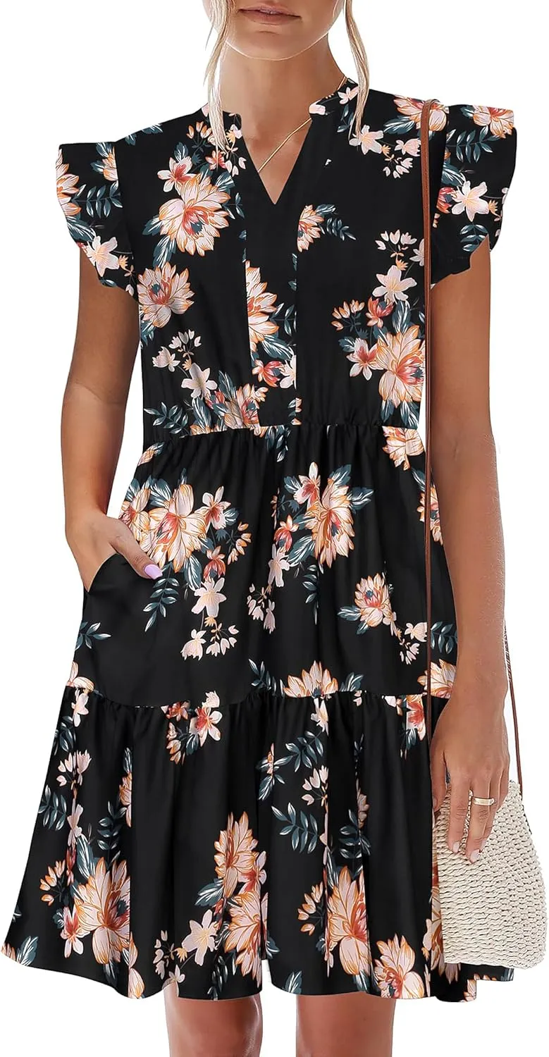 HOTOUCH Women Floral Printed Dress Ruffle Sleeve Tiered Mini Dress