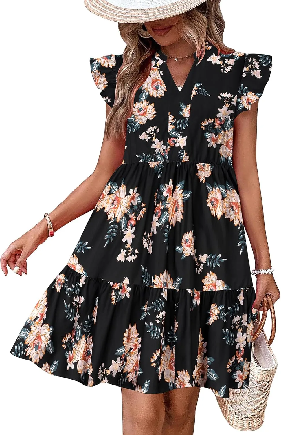 HOTOUCH Women Floral Printed Dress Ruffle Sleeve Tiered Mini Dress
