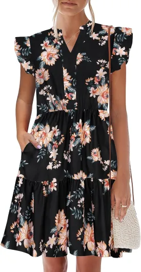 HOTOUCH Women Floral Printed Dress Ruffle Sleeve Tiered Mini Dress