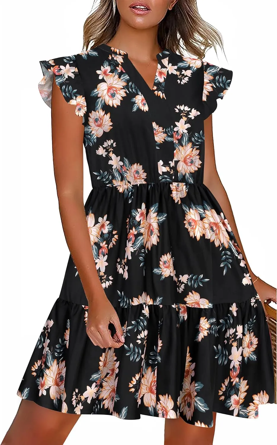 HOTOUCH Women Floral Printed Dress Ruffle Sleeve Tiered Mini Dress
