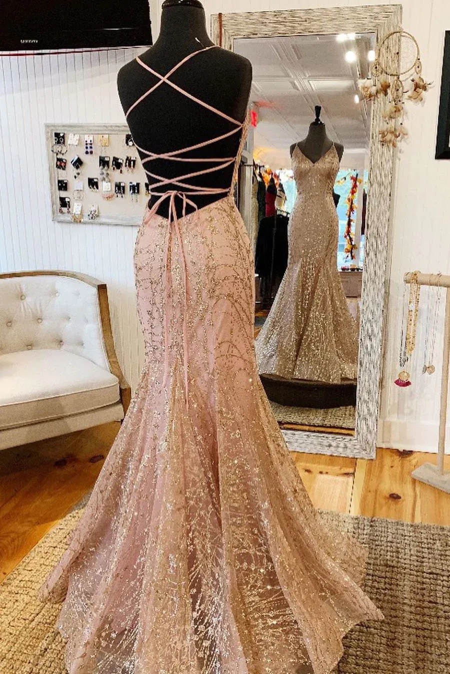 kamahe Mermaid V Neck Rose Gold Prom Dress Stunning Evening Dress