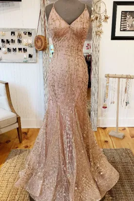 kamahe Mermaid V Neck Rose Gold Prom Dress Stunning Evening Dress