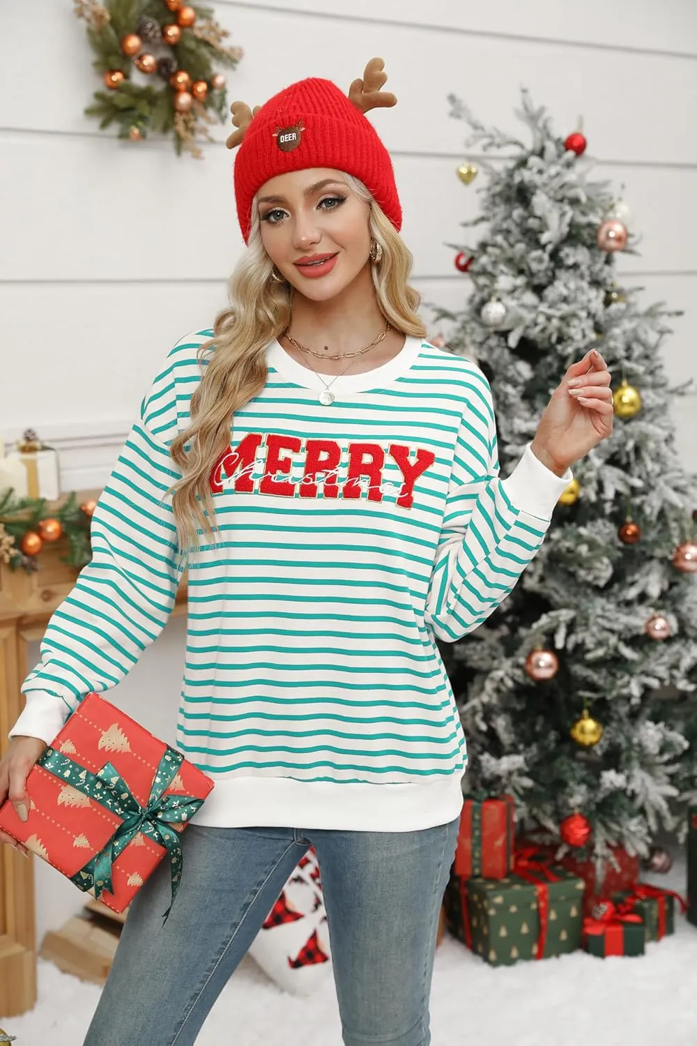 KIDDAD Christmas Sweatshirts for Women Glitter Patch Merry Christmas Letter Print Sweater Embroidered Striped Pullover Tops