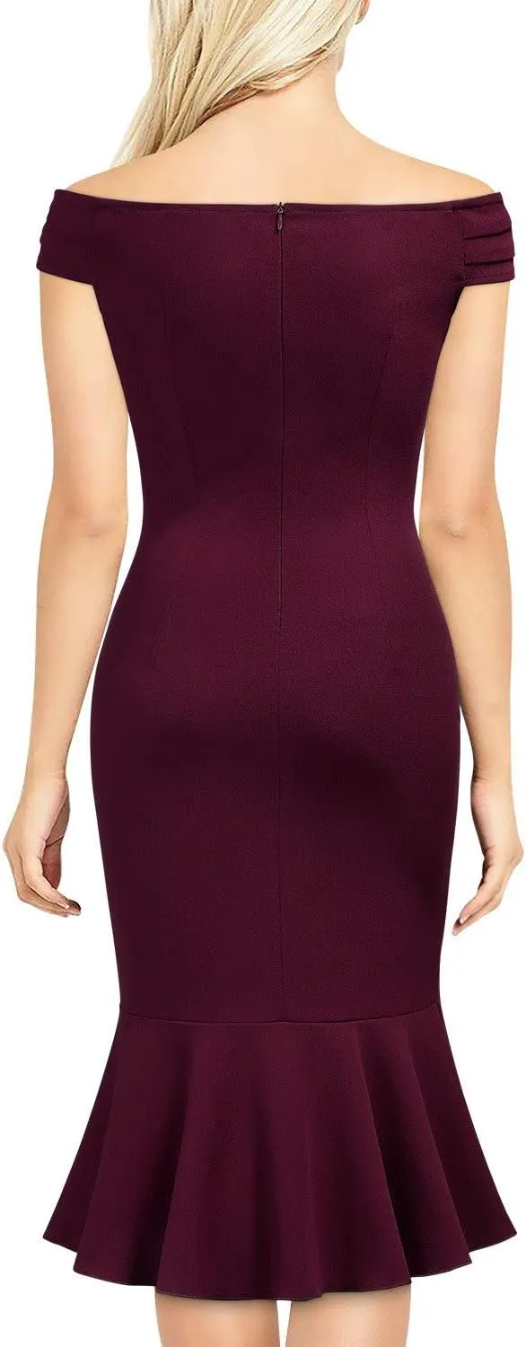 Knitee Women's Off Shoulder V-Neck Ruffle Pleat Waist Bodycon Evening Cocktail Slit Formal Dress