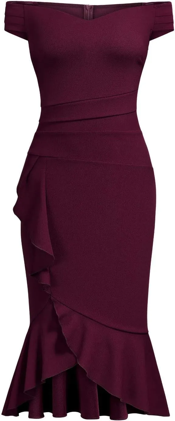 Knitee Women's Off Shoulder V-Neck Ruffle Pleat Waist Bodycon Evening Cocktail Slit Formal Dress