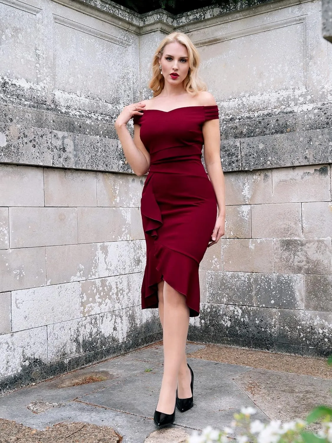 Knitee Women's Off Shoulder V-Neck Ruffle Pleat Waist Bodycon Evening Cocktail Slit Formal Dress