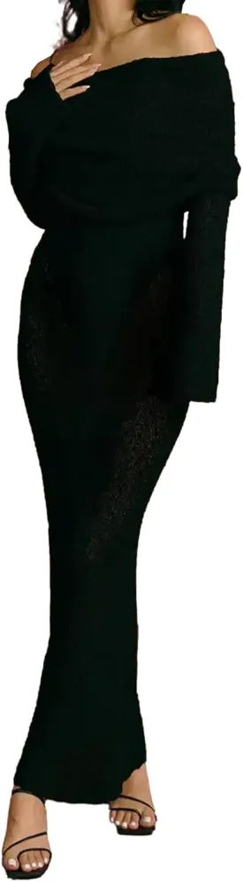 LETSVDO Women's Off Shoulder Maxi Dress Long Sleeve Bodycon Knit Crochet Mesh Sweater Sexy Vacation Party Dresses